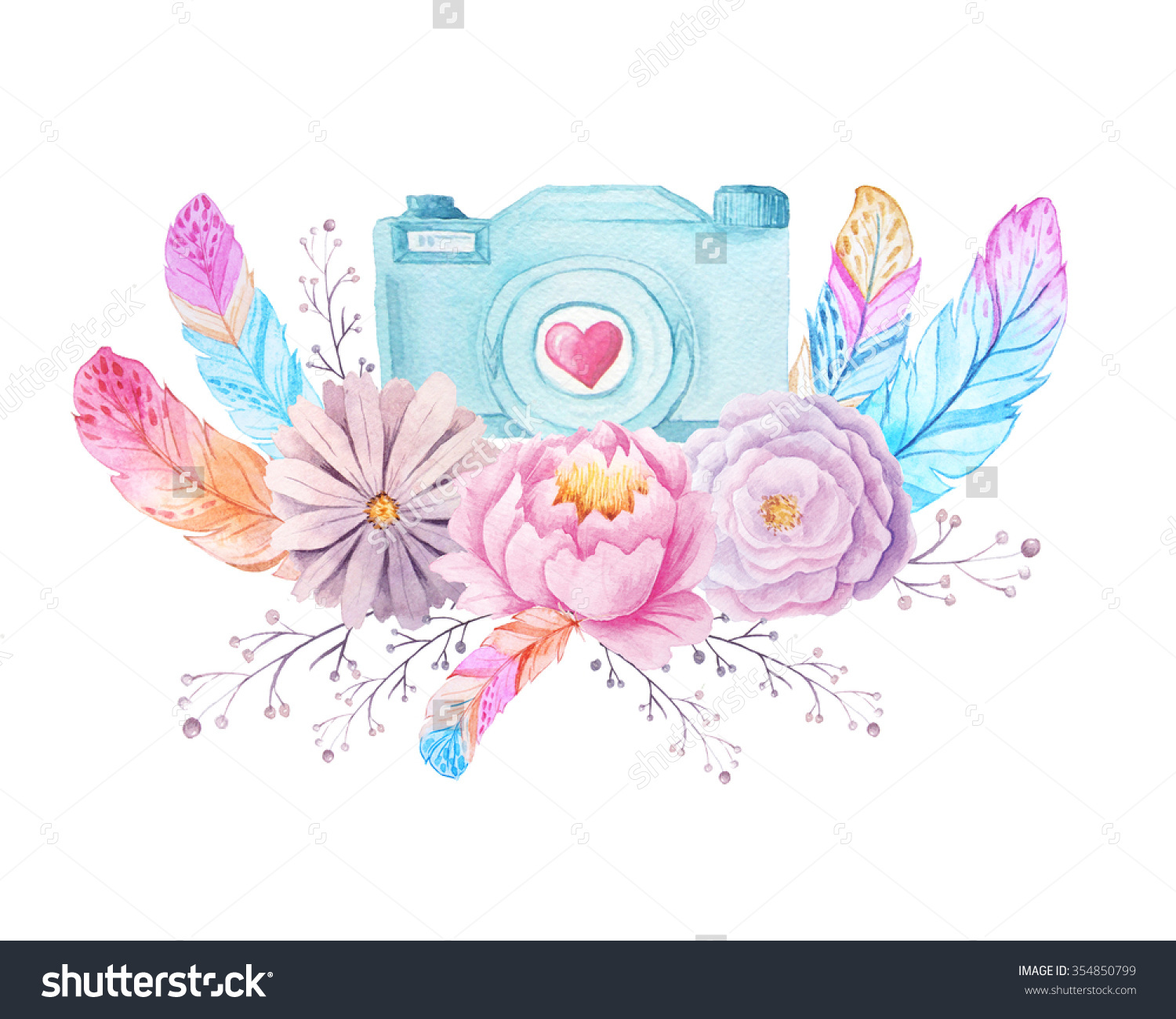 Set Watercolor Photo Camera Flowers Feathers Stock Illustration.