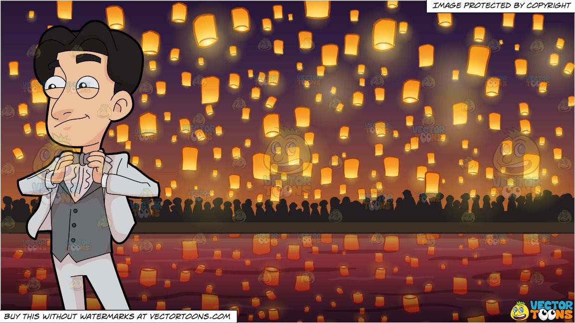 A Groom Fixing His Bow Tie and Flying Paper Lanterns At Diwali Festival  Background.