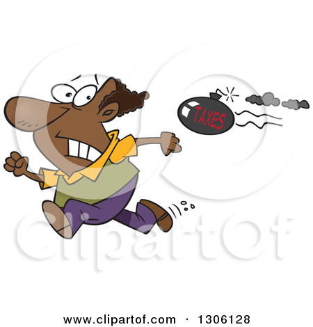 Clipart of a Cartoon Tax Evasion Bomb Flying Behind a Running.