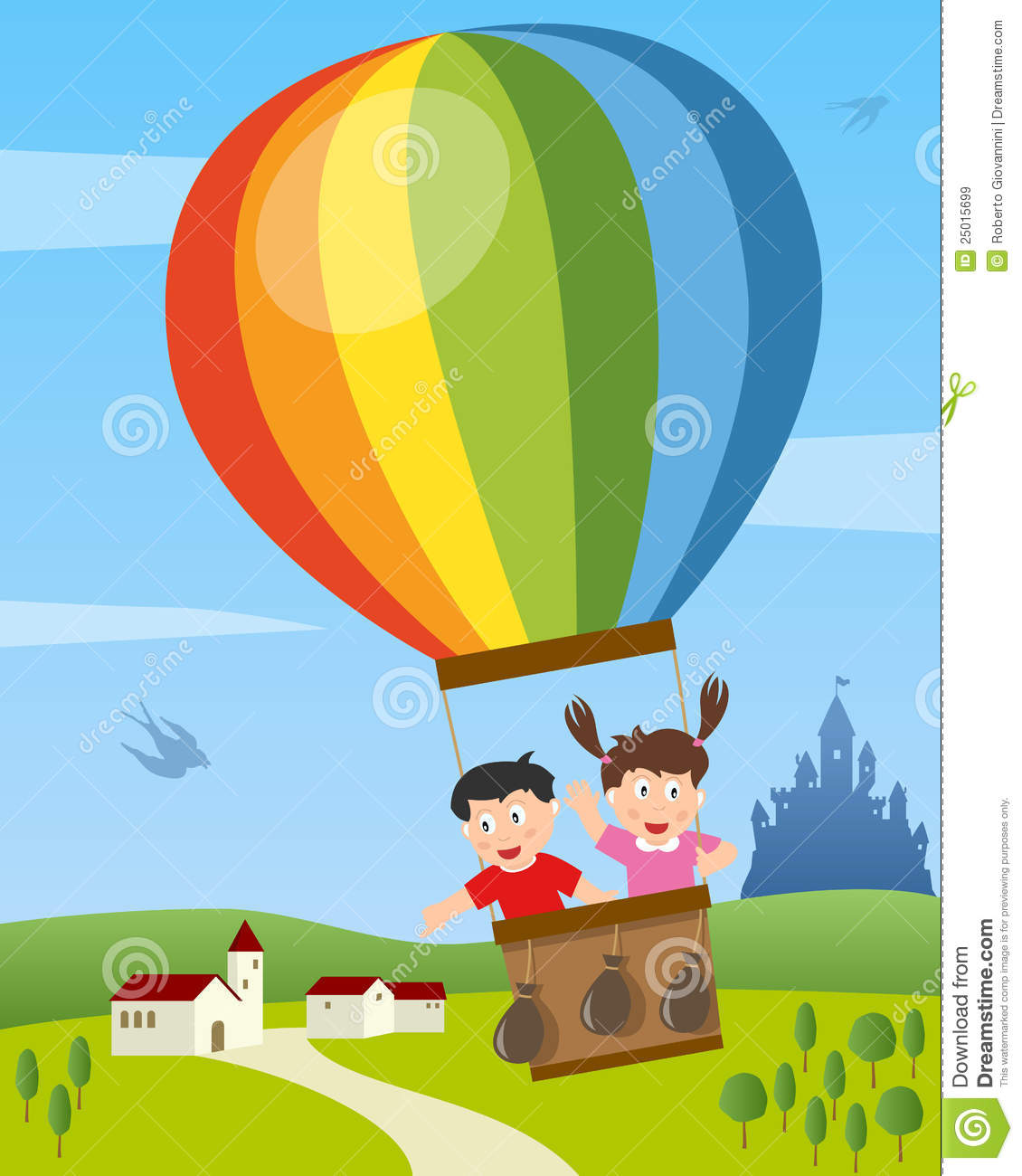 Clipart boy flying in hot air balloon with animals.