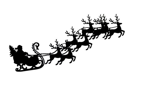 Santa sleigh and reindeer flying with sleigh clip art, LeeHansen.com.