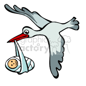 A stork flying carrying a baby clipart. Royalty.