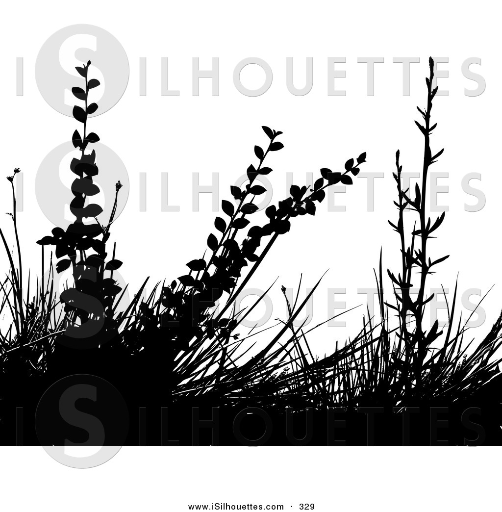 Silhouette Clipart of a Black Silhouetted Foliage and Grasses over.