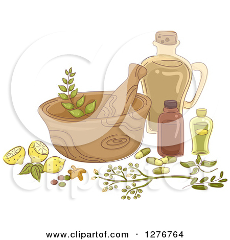 Clipart of a Mortar and Pestle with Lemons and Herbal Medicine.