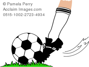 Clip Art Illustration of a Foot Kicking a Soccer Ball.