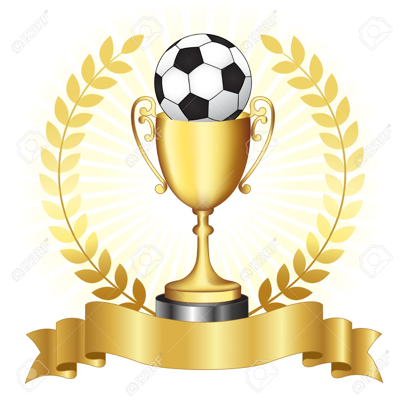 Soccer campionship gold trophy with golden banner and laurel...