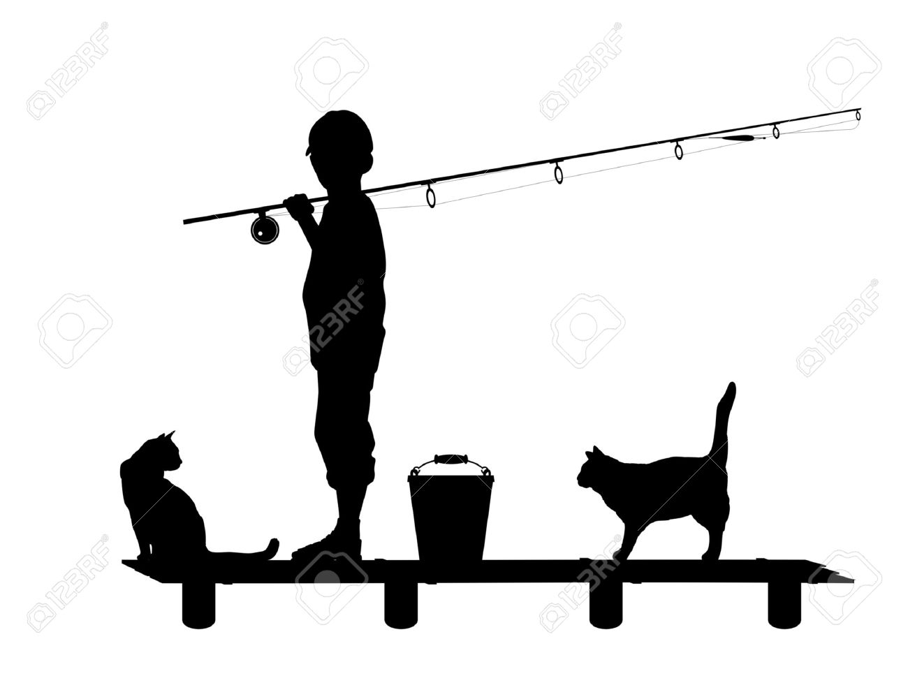 Silhouette Of The Child With A Fishing Tackle On Wooden Planked.