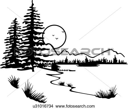 Clipart of , illustrated panels, country, forest, lake, moon.