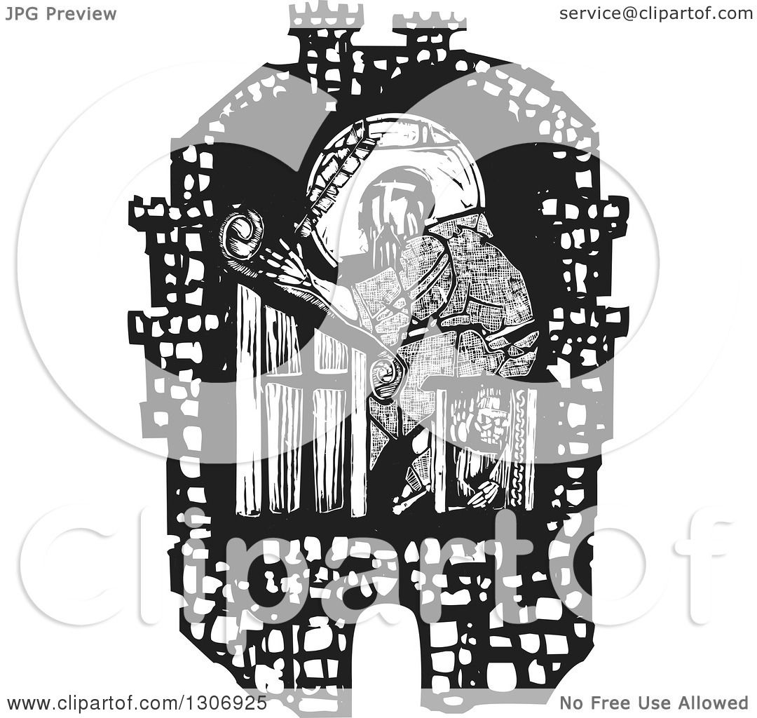 Clipart of a Black and White Woodcut Fortified City Walls Around a.