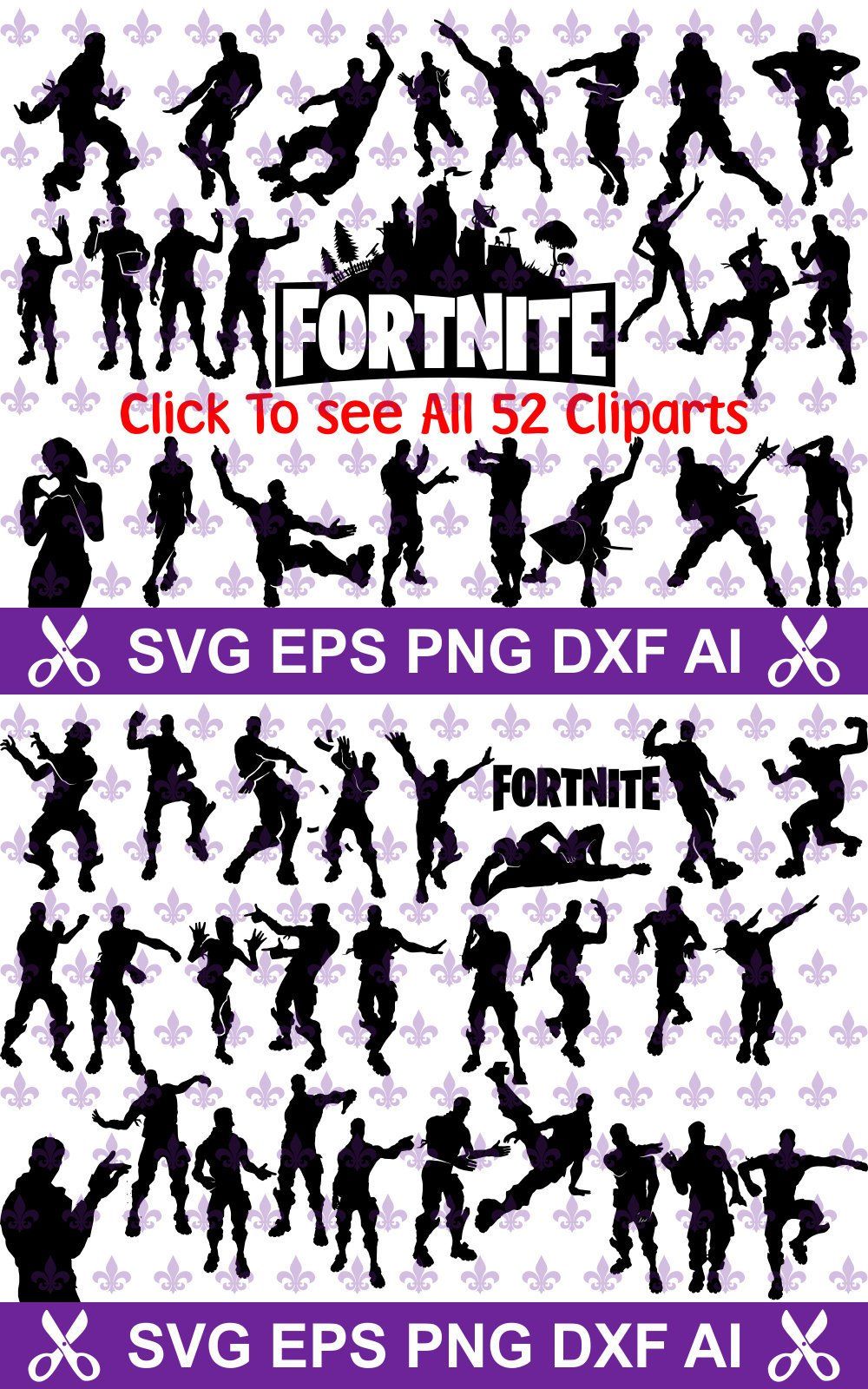 Fortnite, game, emotes, 52 Cliparts, bundle, svg, silhouette.