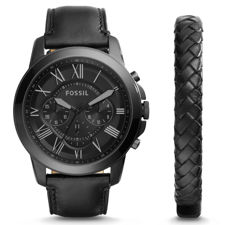 Fossil FS5147SET Men's Grant Chronograph Black Leather Watch and Bracelet  Set.