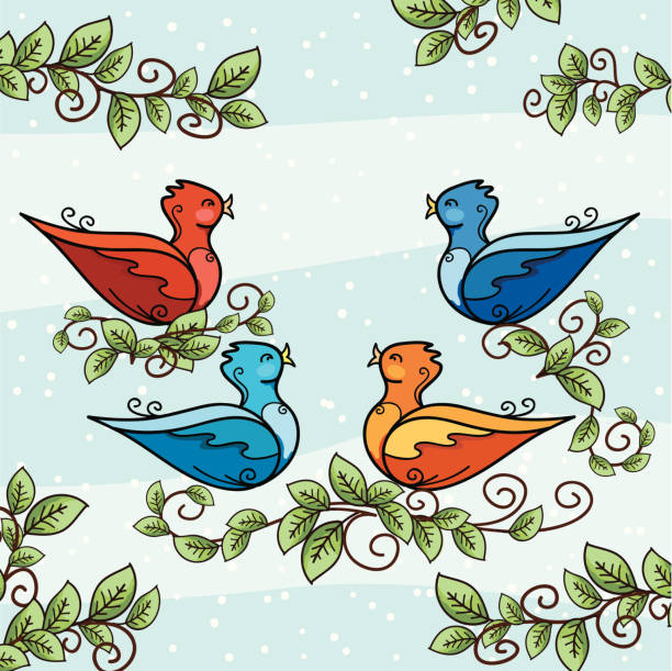 Four Calling Birds Illustrations, Royalty.
