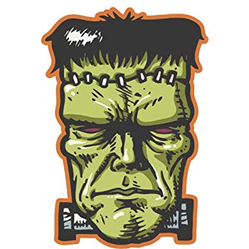 SCARY FRANKENSTEIN WITH BOLTS AND STITCHES GREEN BLACK ORANGE Vinyl Decal  Sticker Two in One Pack (12 Inches Tall).
