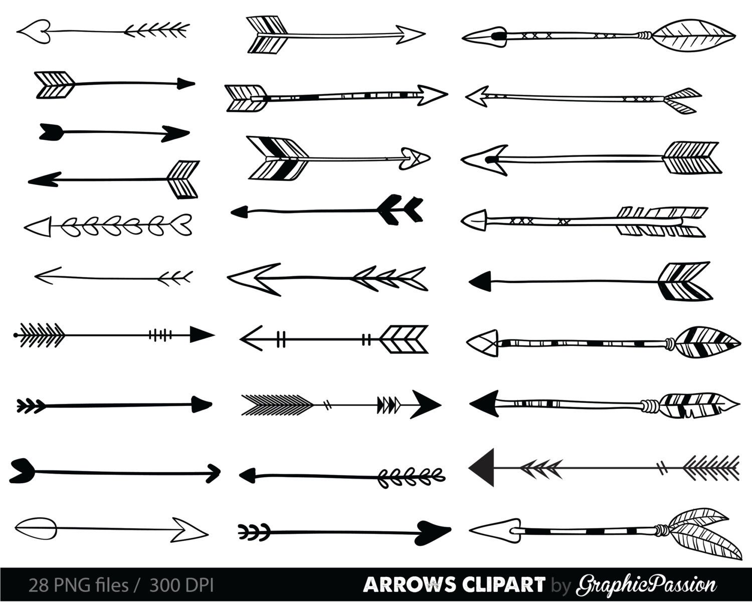Arrows clip art, tribal arrow clipart, archery hand drawn arrows.