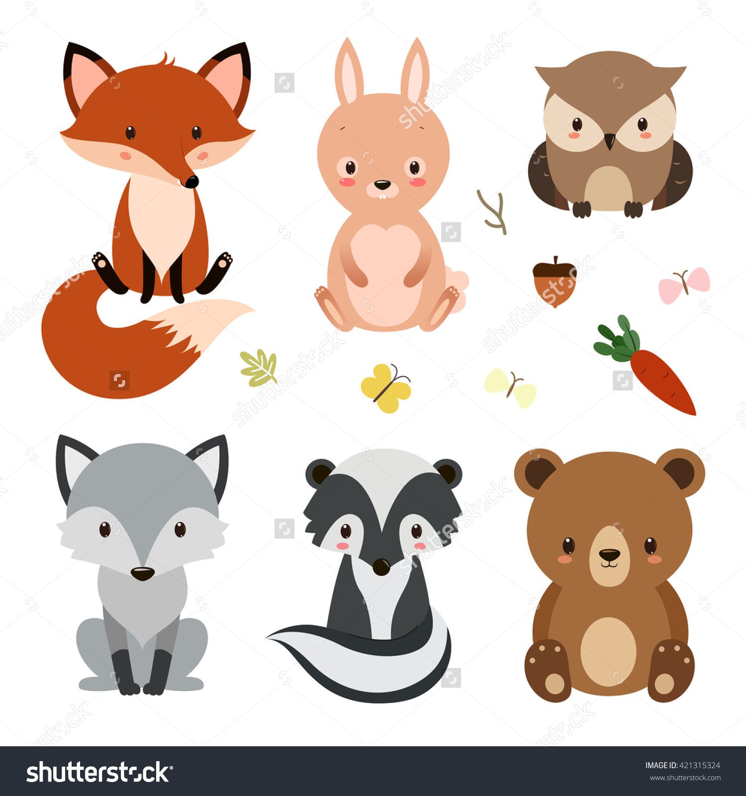 Set of cute woodland animals isolated on white background.