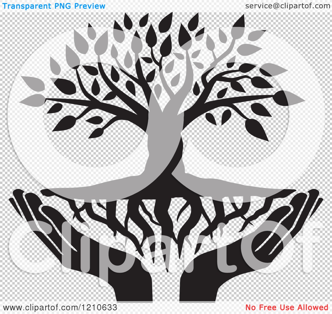 Clipart of a Black and White Tree with Roots and Uplifted Hands.