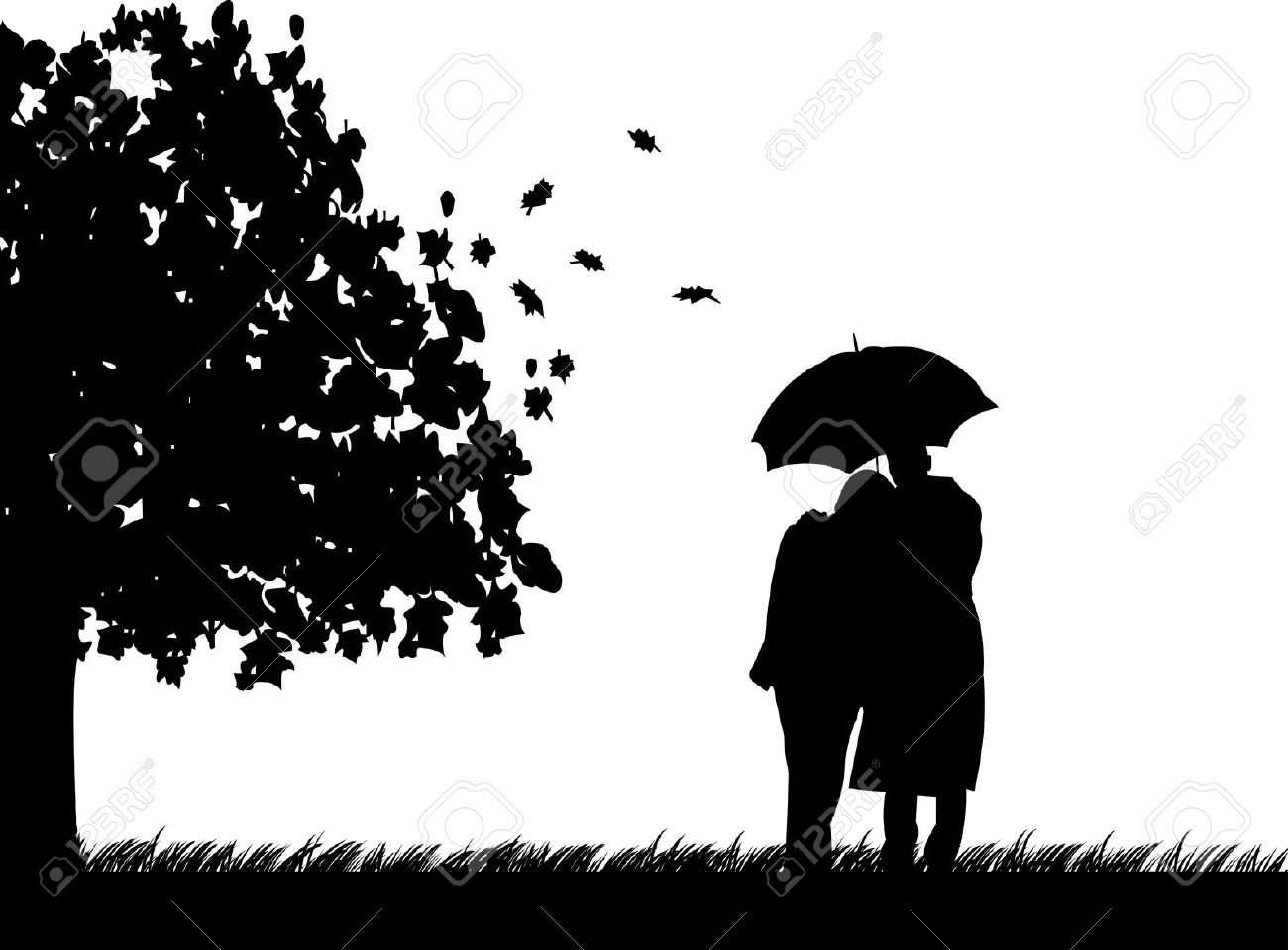 Background With Couple Walking With Umbrella Under The Tree In.