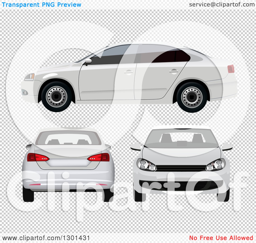 Clipart of a 3d White Sedan Car at Different Views.