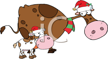 Royalty Free Clipart Image of a Christmas Cow and Calf.