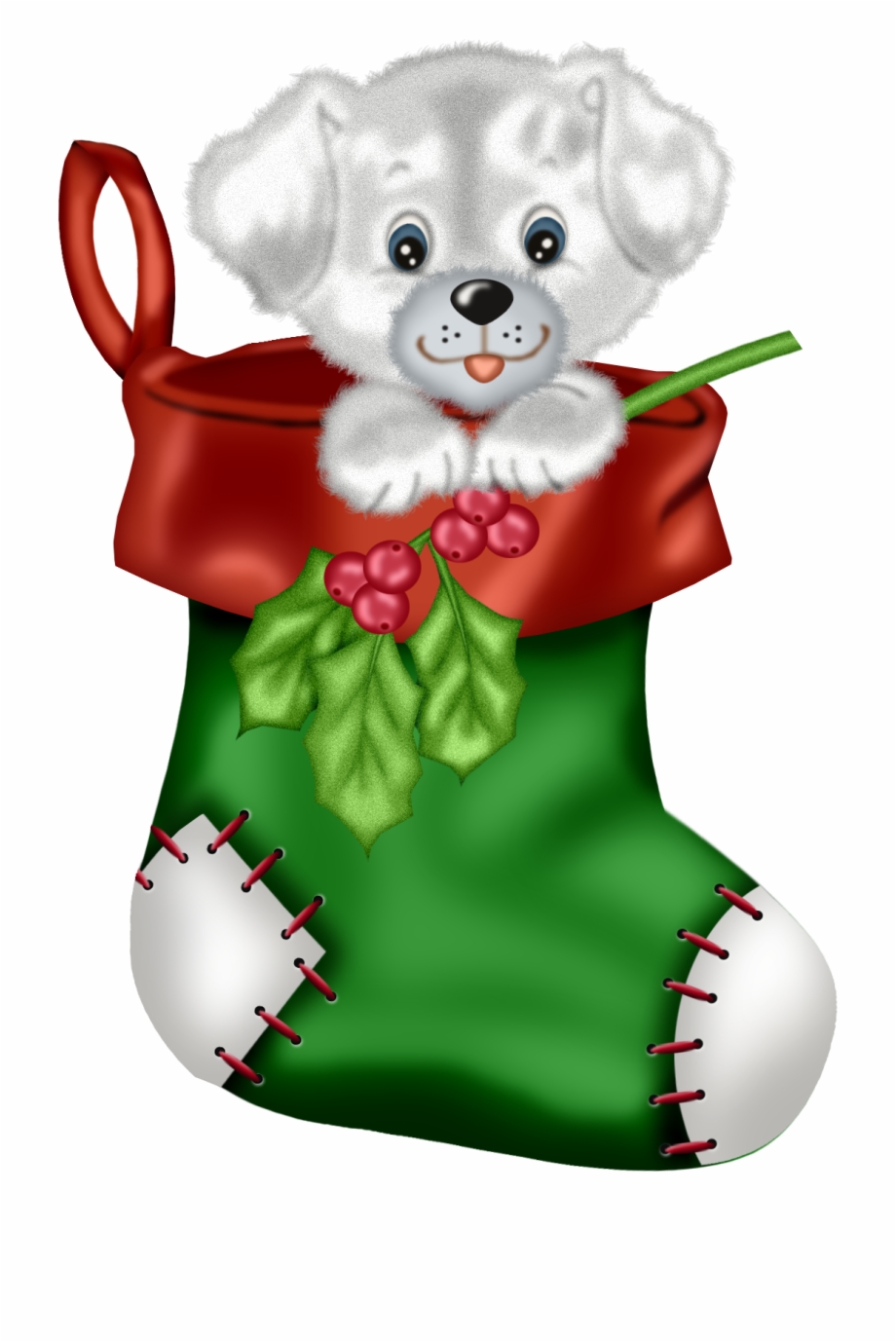 Christmas Green Stocking With Puppy Png Clipart.