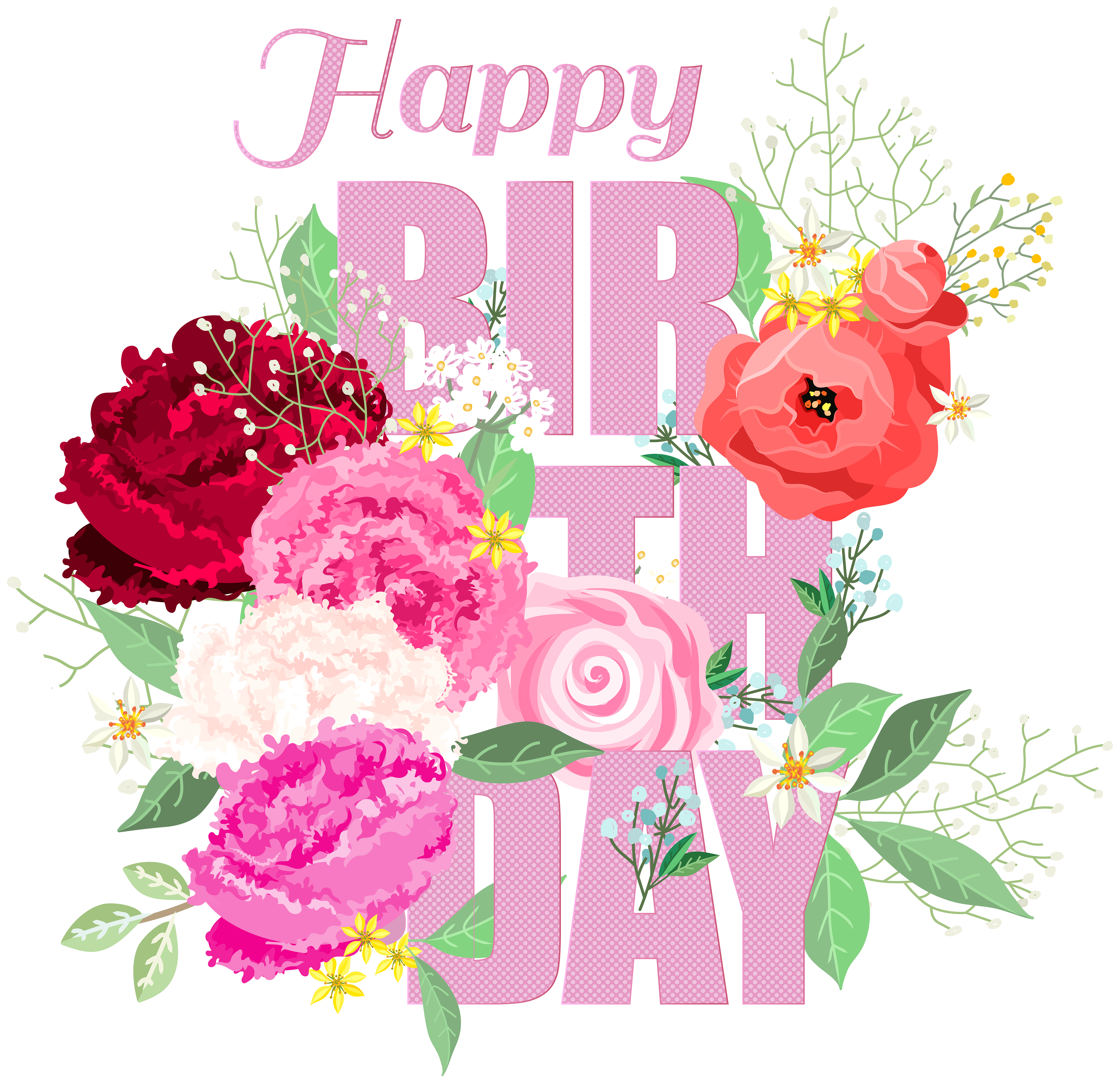Happy Birthday with Flowers PNG Clip Art.