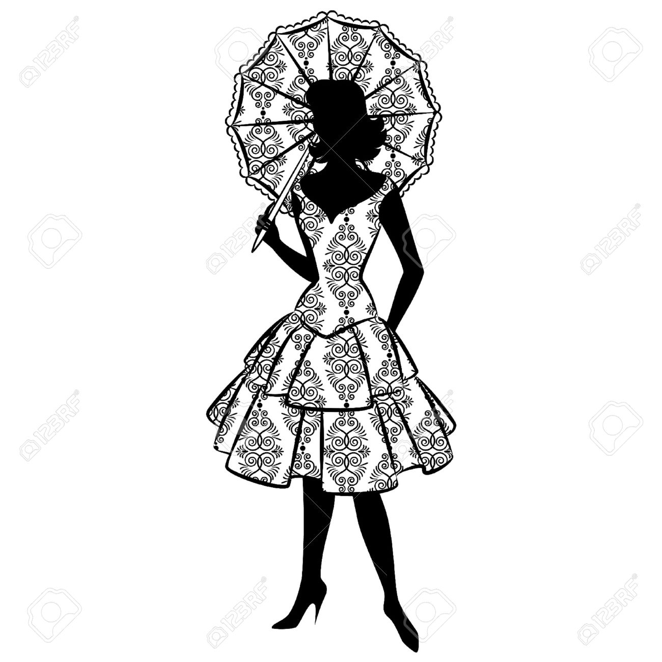 Vintage Silhouette Of Girl With Umbrella Royalty Free Cliparts.