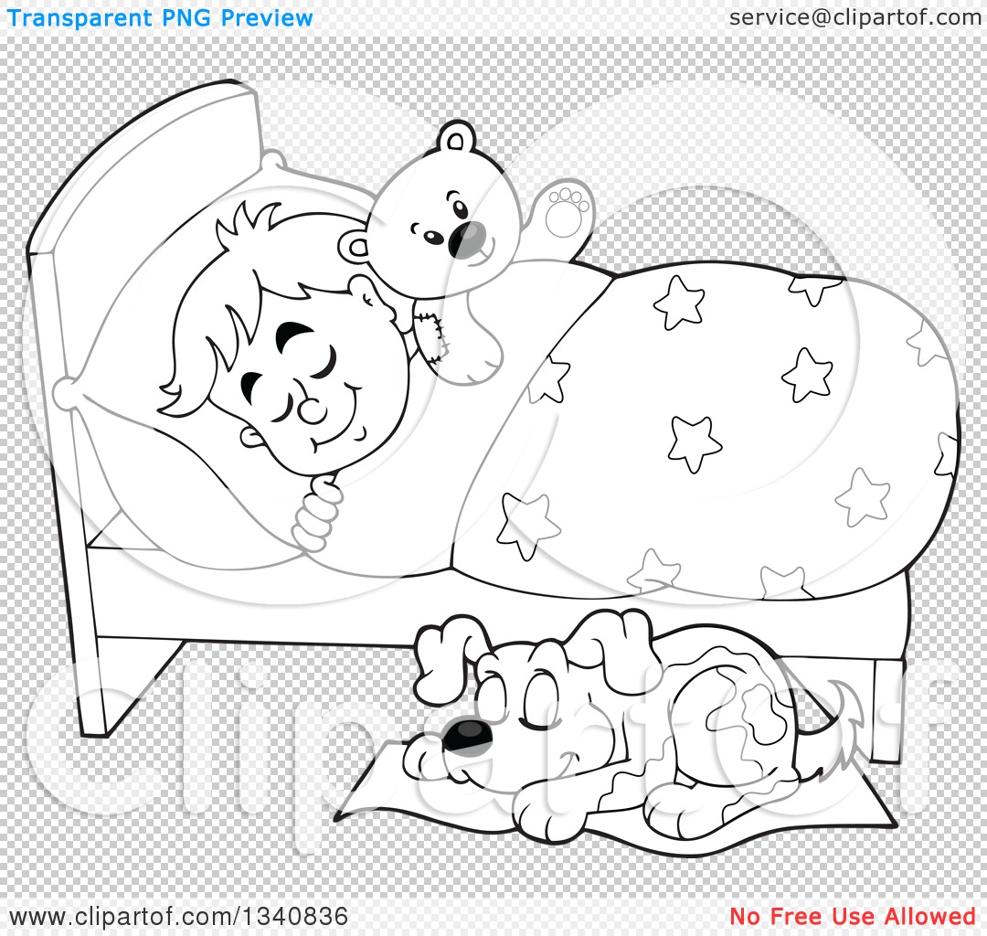 Lineart Clipart of a Cartoon Black and White Dog Sleeping by a Boy.