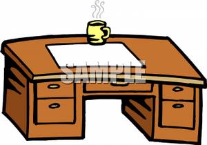 A Wooden Office Desk With Cup.