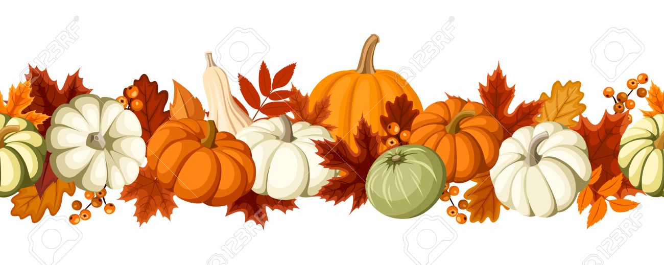 Horizontal seamless background with pumpkins and autumn leaves.