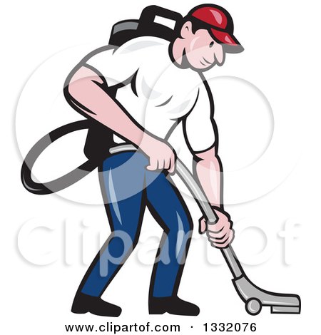 Clipart Man Using A Canister Vacuum.
