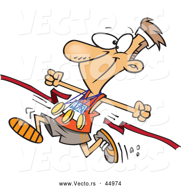 Vector of a Proud Cartoon Marathon Runner Crossing Red Ribbon at.