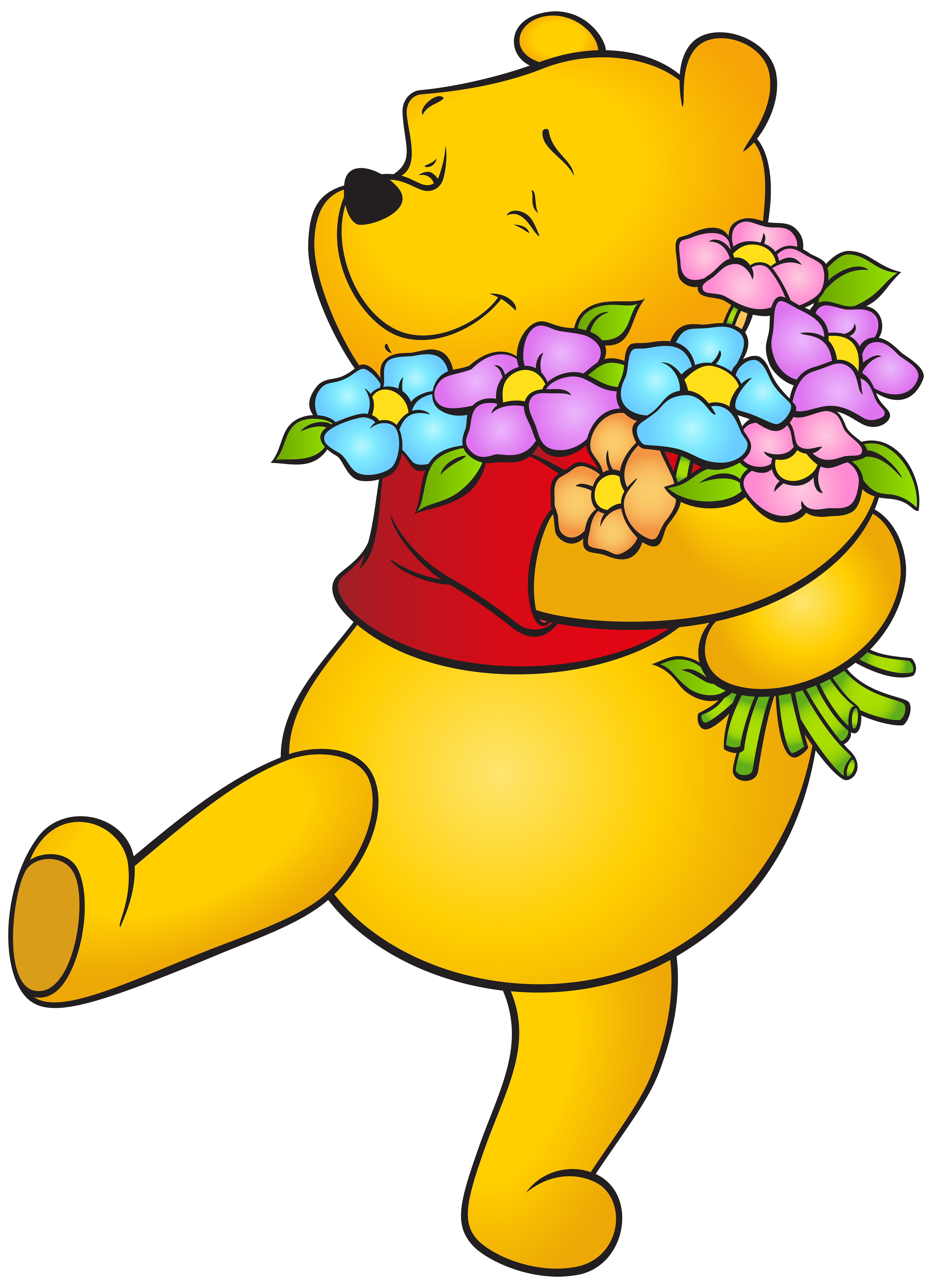 Winnie the Pooh with Flowers Free PNG Clip Art Image.
