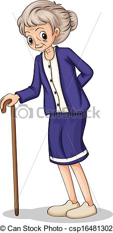Vector Clipart of An old woman using a wooden cane.