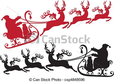 Clip Art Vector of santa with sleigh and reindeer.