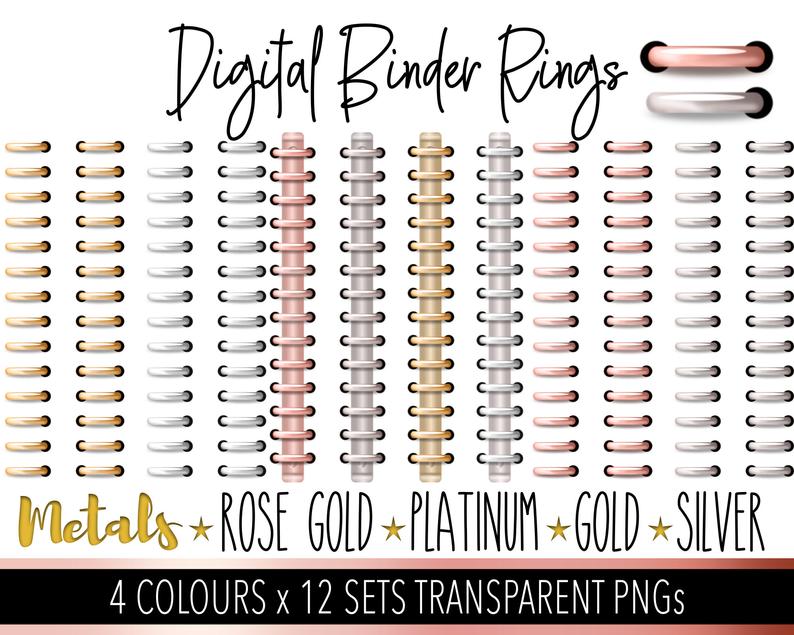 Digital Planner Rings Metalic Rose Gold Silver Platinum and Gold Bundle  Personal and Limited Commercial Use 12 Sets DigiBujo.
