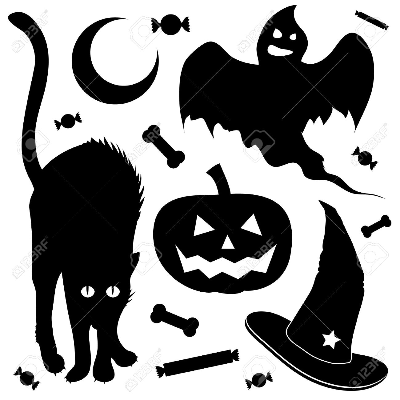 Halloween Design Elements Silhouette Set. Includes Black Cat.