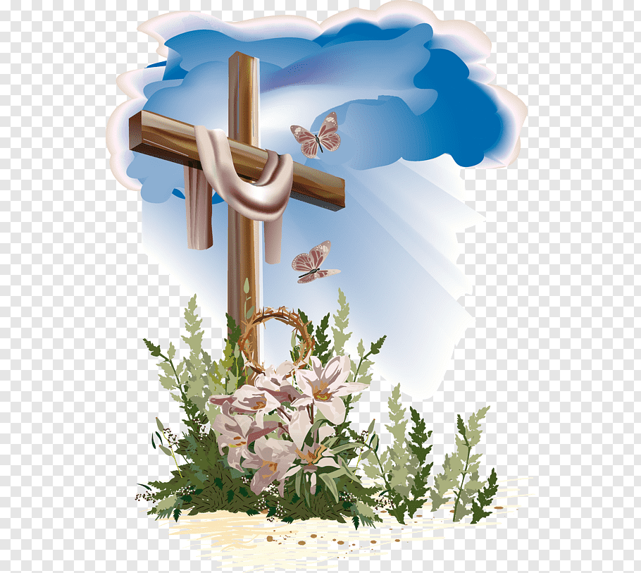 Cross surrounded by flowers illustration, Easter Bunny.