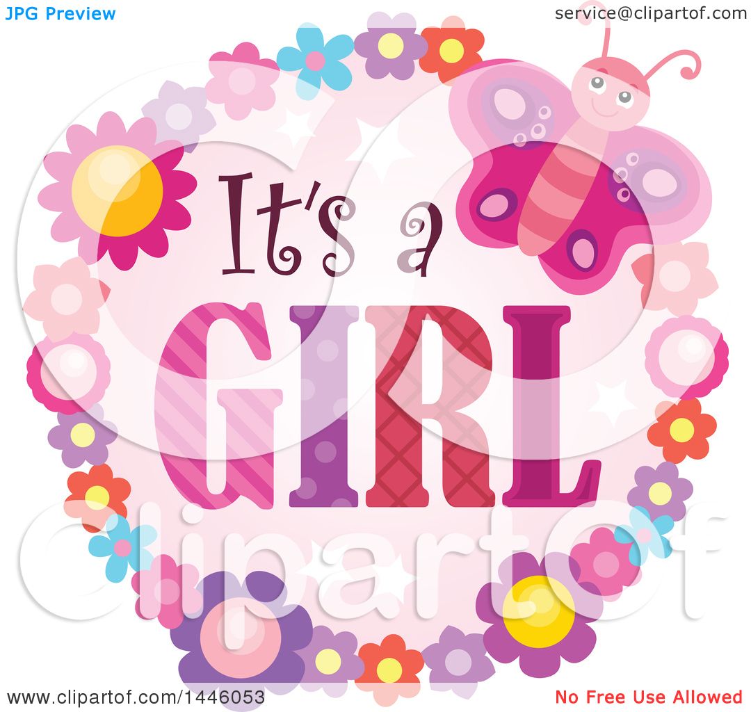 Clipart of a Round Flower and Butterfly Frame Around Gender Reveal.