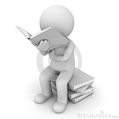 3D Man Reading Book Sitting On Stack Of Books Royalty Free Stock.