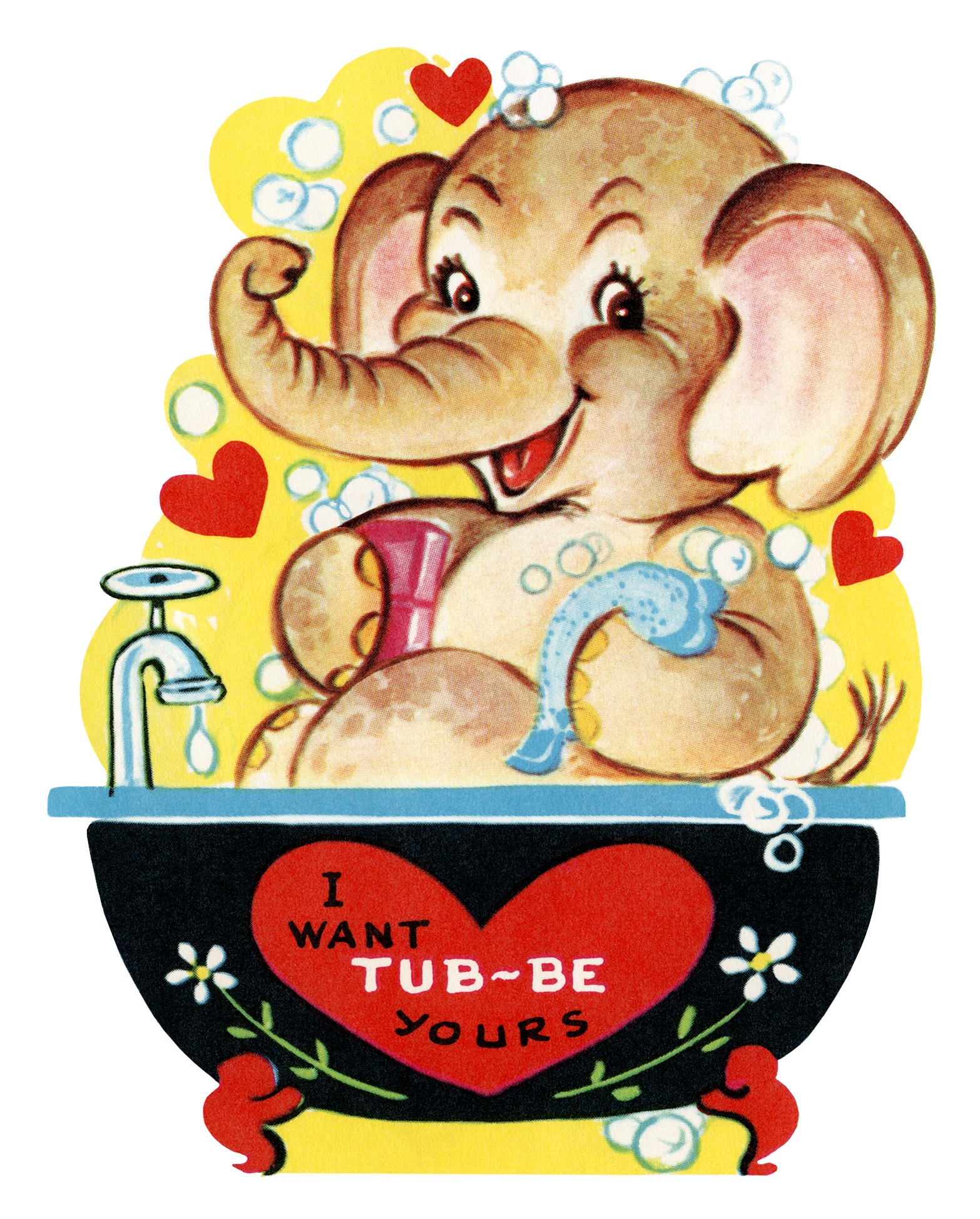 Free Printable Vintage Valentine Elephant in Tub.