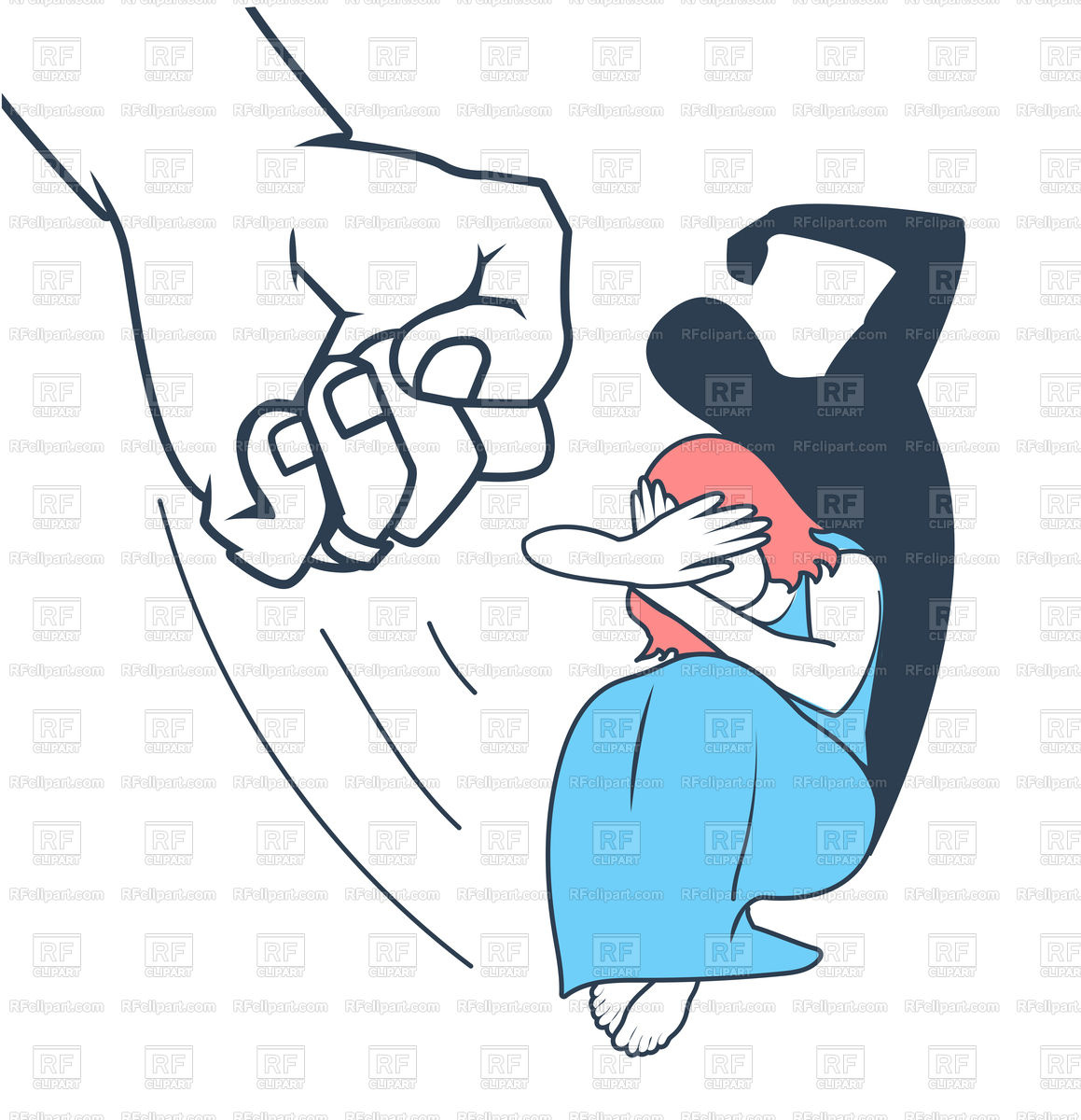 Concept of domestic violence against a woman in the form of a woman  covering her face and fist and the silhouette of a brutal beating man Stock  Vector.