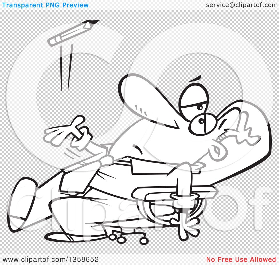 Lineart Clipart of a Cartoon Black and White Bored Executive.