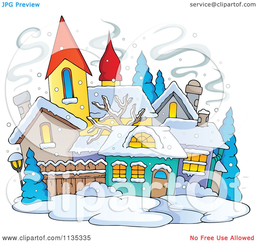 Cartoon Of A Winter Village With Snow.