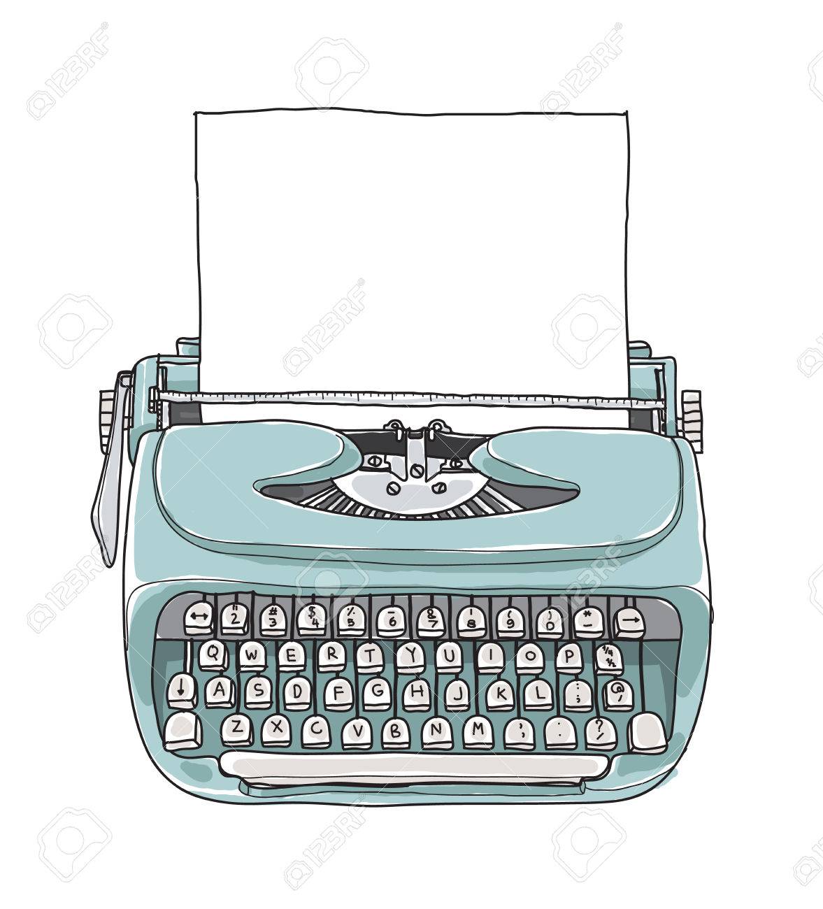 Mint blue vintage typewriter portable retro with paper hand...