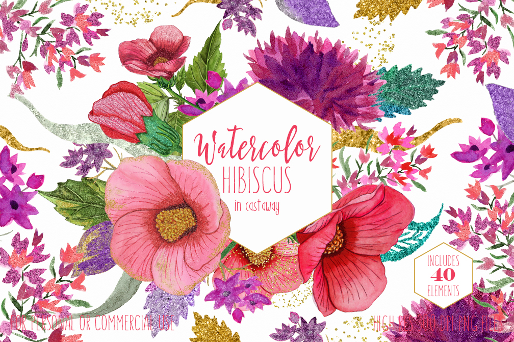 TROPICAL HIBISCUS Watercolor Floral Clipart Commercial Use Clip Art Hawaii  Beach Flowers Pink & Gold Metallic Wreaths Invitation Graphics.