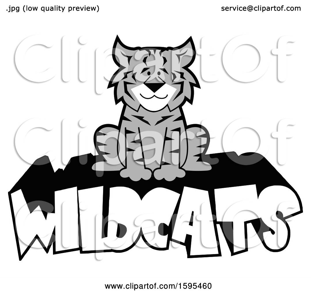 Clipart of a Cartoon Grayscale Bobcat School Sports Mascot Sitting.