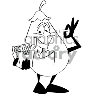 black and white cartoon eggplant eating french fries clipart. Royalty.