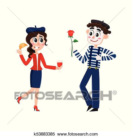 French mime and woman with wine and croissant Clipart.