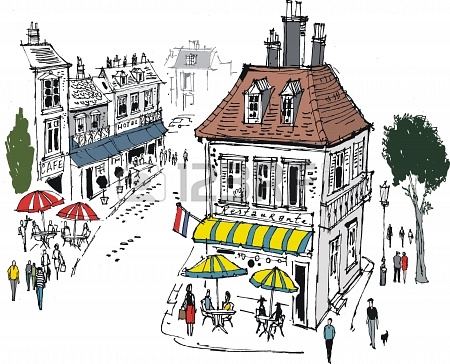 illustration of french village street scene.