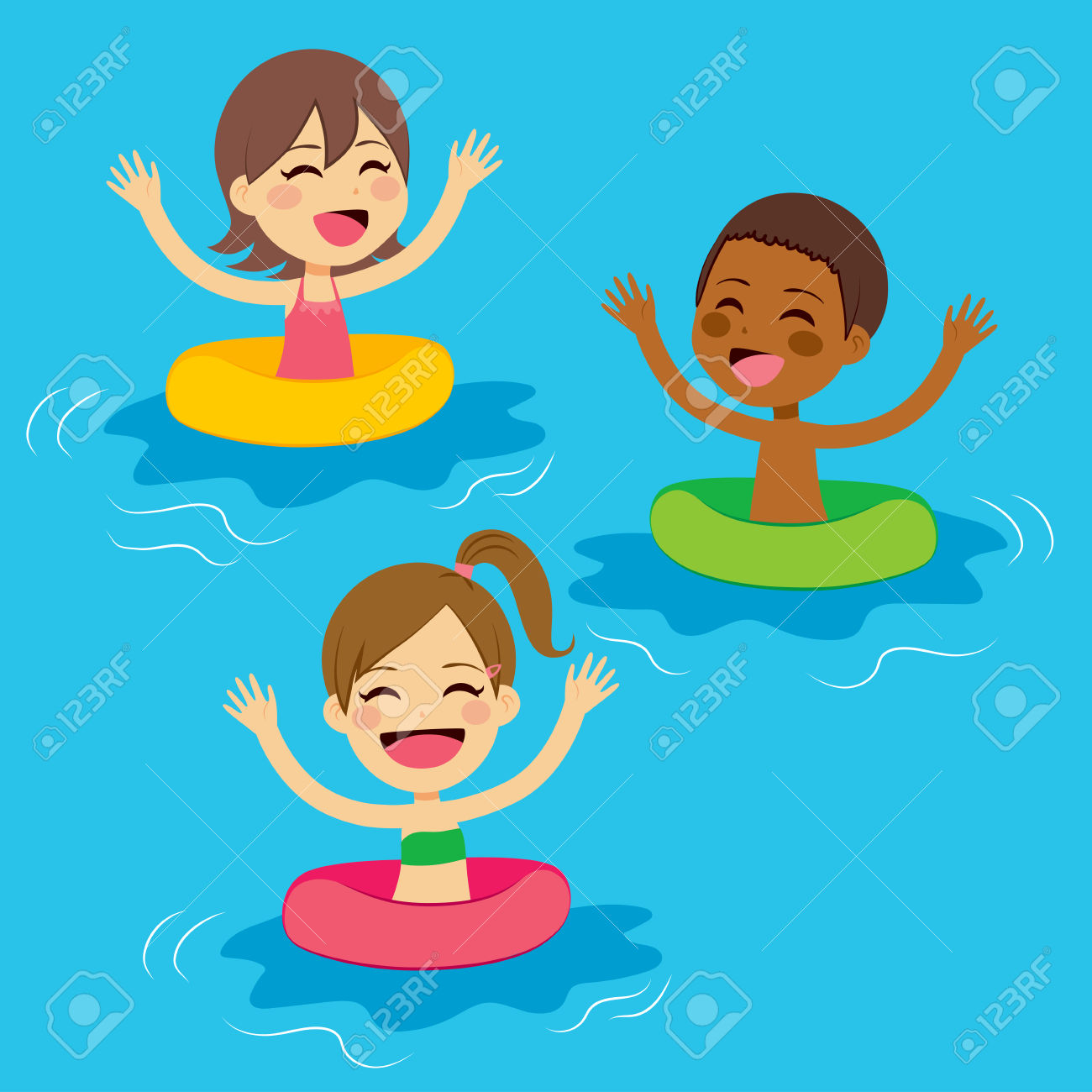 Three Cute Little Kids Swimming With Colorful Floats Royalty Free.